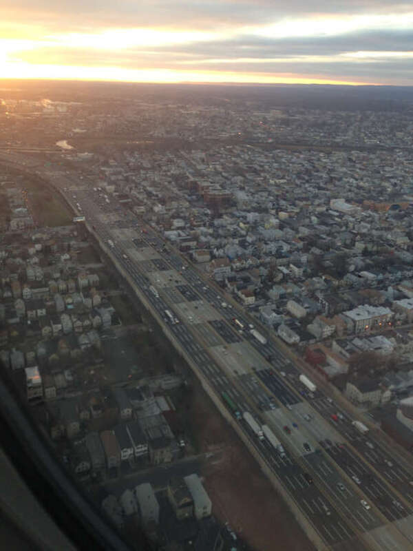 View of the New Jersey Turnpike (Interstate 95) in Elizabeth, New Jersey from a plane heading for Newark Airport