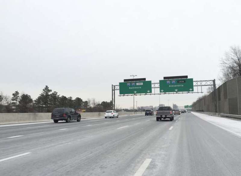 View north along Interstate 95 and the east along the outer loop of the Capital Beltway (Interstate 495) at the Thru Lanes and Local Lanes split in Rose Hill, Fairfax County, Virginia