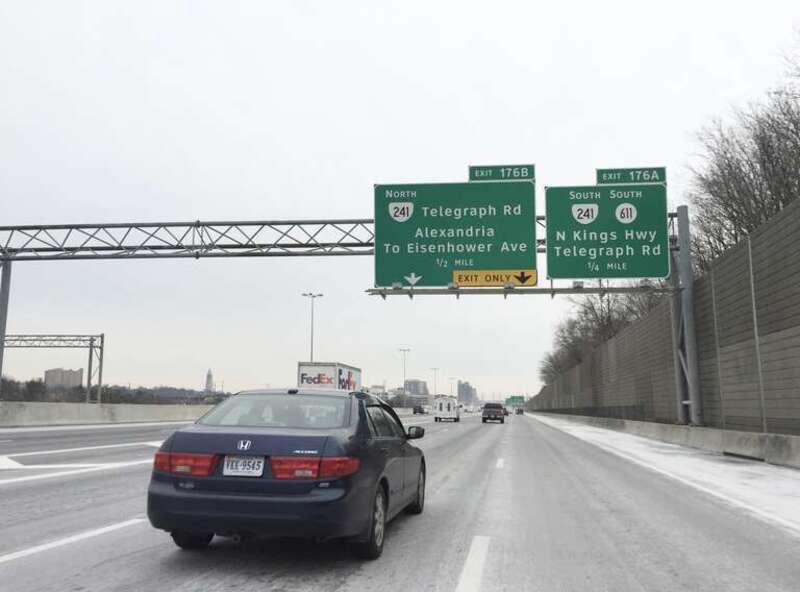 View north along Interstate 95 and east along the outer loop of the Capital Beltway (Interstate 495) at Exit 176A (Virginia State Route 241 South, Virginia State Secondary Route 611 South, N Kings Highway, Telegraph Road) in Rose Hill, Fairfax