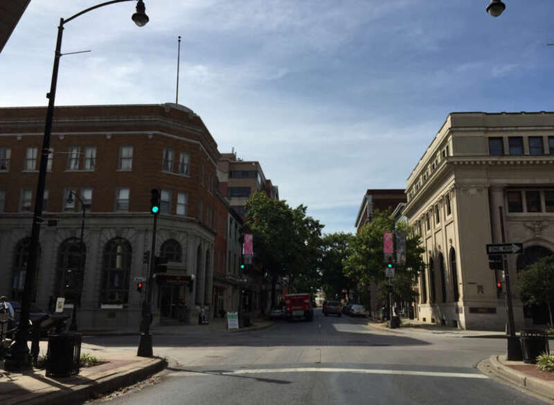 View west along Maryland State Route 144 (Patrick Street) at Market Street in Frederick, Frederick County, Maryland