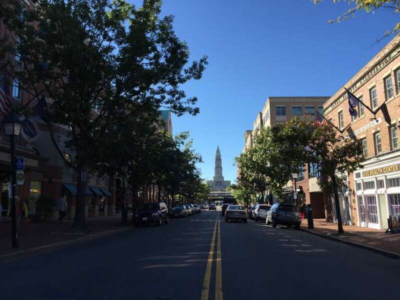View west along Virginia State Route 7 (King Street) at Harvard Street in Alexandria, Virginia