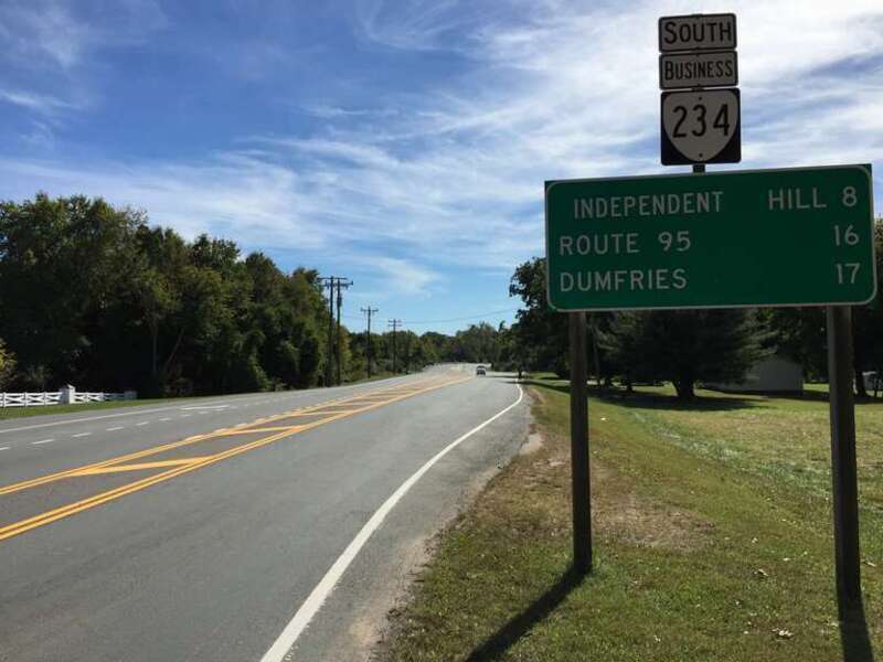 View south along Virginia State Route 234 Business (Dumfries Road) at Bradley Manor Place in Buckhall, Prince William County, Virginia