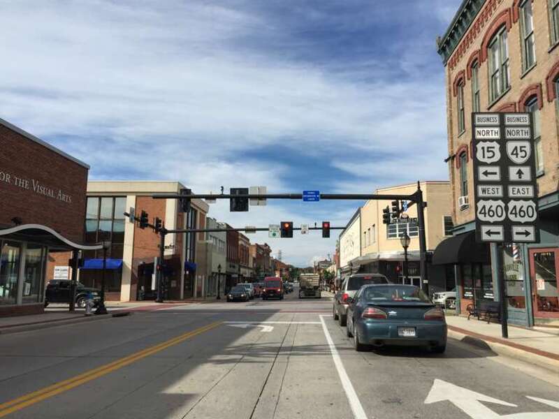 View north along U.S. Route 15 Business (Main Street) at U.S. Route 460 Business (Third Street) and at the south end of Virginia State Route 45 in Farmville, Prince Edward County, Virginia