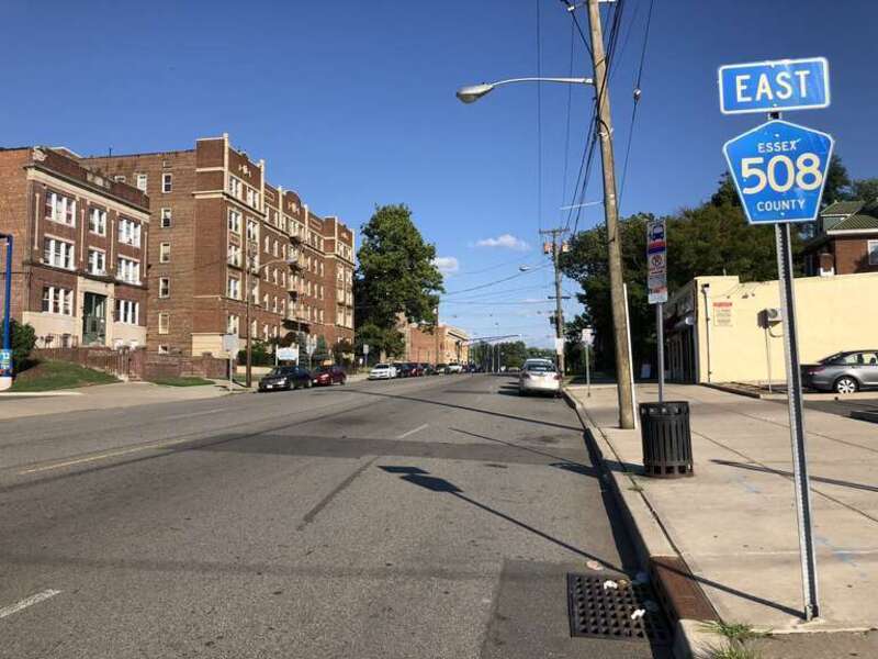 View east along Essex County Route 508 (Central Avenue) just east of Essex County Route 638 (Scotland Road) in Orange, Essex County, New Jersey