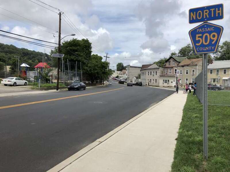 View north along Passaic County Route 509 (Marshall Street) between Hazel Street and Paxton Street in Paterson, Passaic County, New Jersey