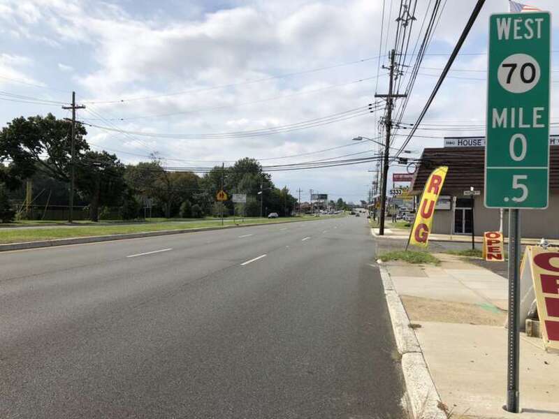 View west along New Jersey State Route 70 (Marlton Pike) at Mansion Boulevard in Pennsauken Township, Camden County, New Jersey