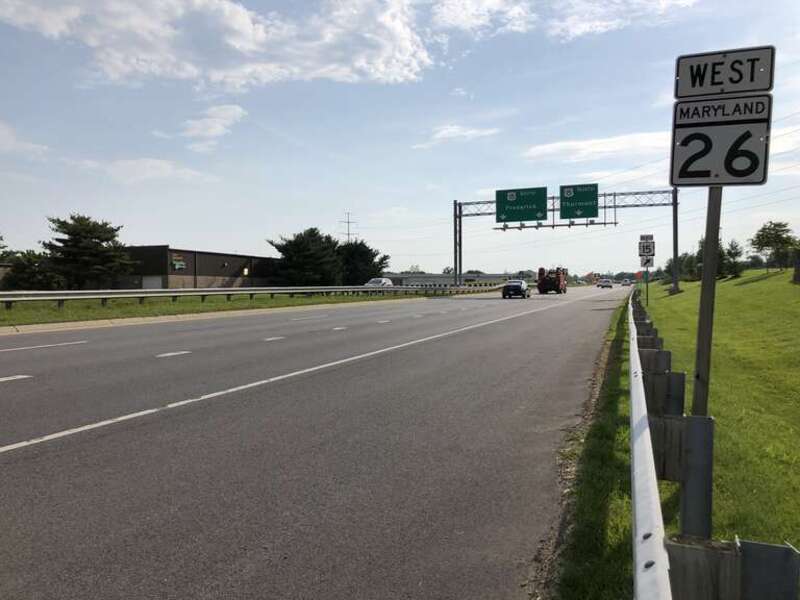View west along Maryland State Route 26 (Liberty Road) just west of Wormans Mill Road in Frederick, Frederick County, Maryland