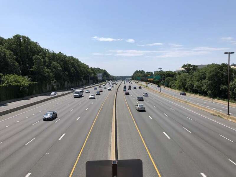 View south along Interstate 270 (Washington National Pike) from the overpass for West Gude Drive in Rockville, Montgomery County, Maryland