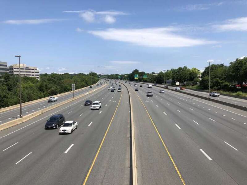 View north along Interstate 270 (Washington National Pike) from the overpass for West Gude Drive in Rockville, Montgomery County, Maryland