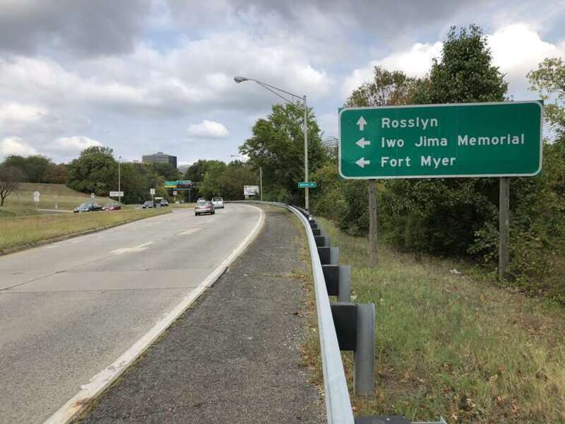 View north along Virginia State Route 110 (Richmond Highway) at the exit for Iwo Jima Memorial/Fort Myer in Arlington County, Virginia