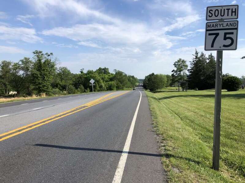 View south along Maryland State Route 75 (Green Valley Road) at Drummine Road in New London, Frederick County, Maryland