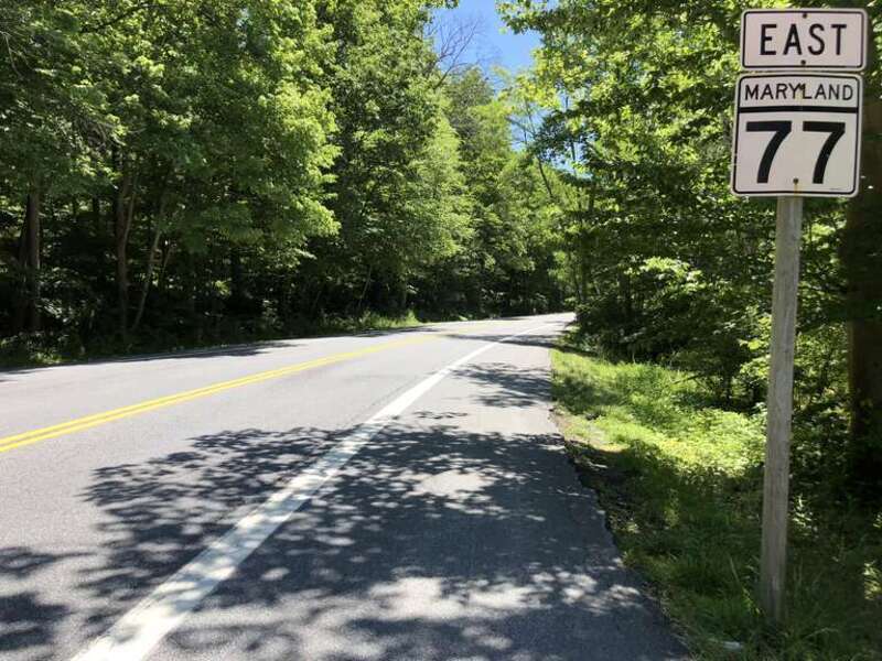 View east along Maryland State Route 77 (Foxville Road) at Park Central Road in Foxville, Frederick County, Maryland