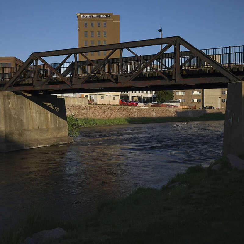 Riverview Hotel Trail Bridge. Double Intersection Warren Pony Truss Bridge over Big Sioux River. See http://johnmarvigbridges.org/Riverview%20Hotel%20Trail%20Bridge.html