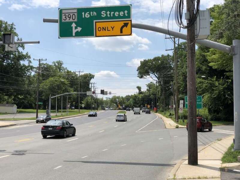 View south along Maryland State Route 97 (Georgia Avenue) at the exit for Maryland State Route 390 (16th Street, Washington) in Silver Spring, Montgomery County, Maryland