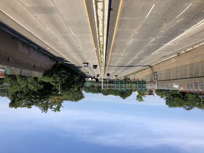 View north along New Jersey State Route 21 (McCarter Highway) from the overpass for Passaic County Route 618 (Paulson Avenue) in Passaic, Passaic County, New Jersey