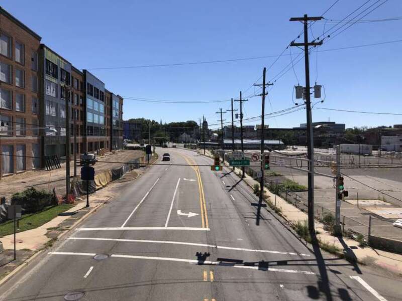 View south along Bergen County Route 503 (River Street) from the overpass for the rail line between Mercer Street and Midtown Bridge Approach in Hackensack, Bergen County, New Jersey