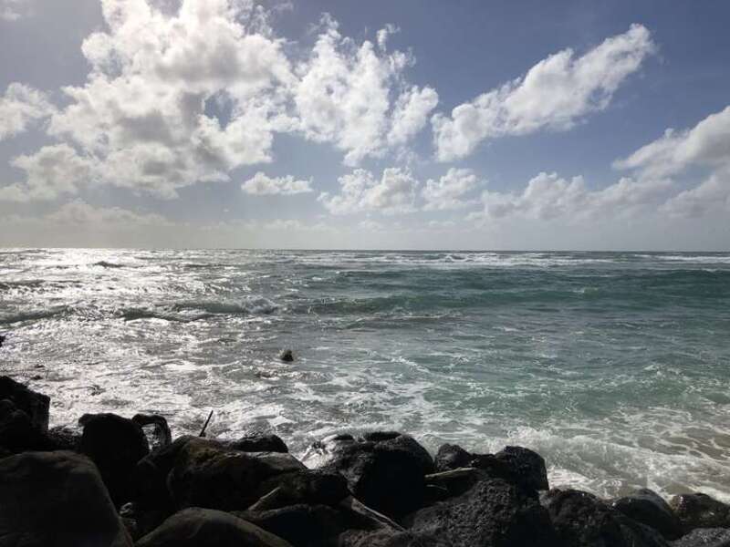 View southeast from the beach within Lydgate Beach Park in Kauai, Hawaii