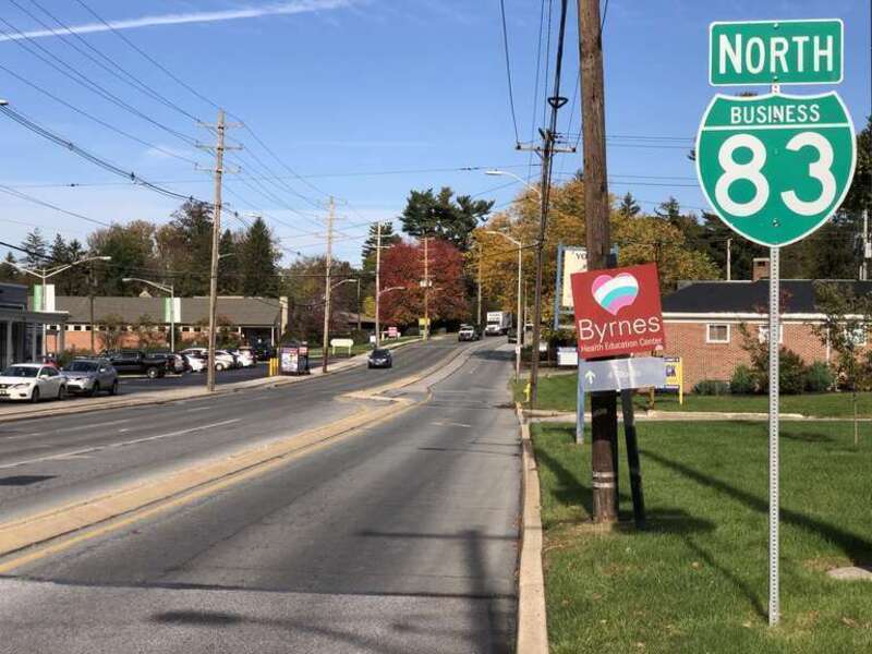 View north along Interstate 83 Business (South George Street) at Rathton Road and Country Club Drive in York, York County, Pennsylvania