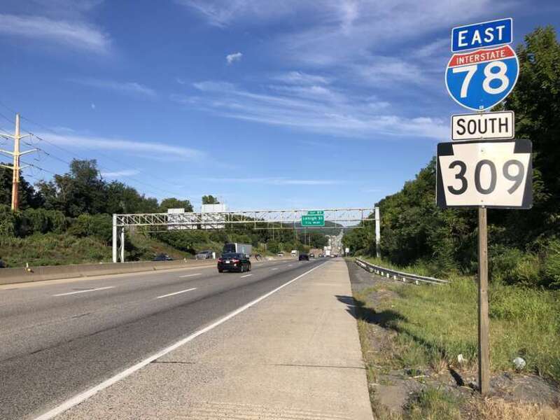 View east along Interstate 78 and south along Pennsylvania State Route 309 just southeast of Exit 55 in Salisbury Township, Lehigh County, Pennsylvania