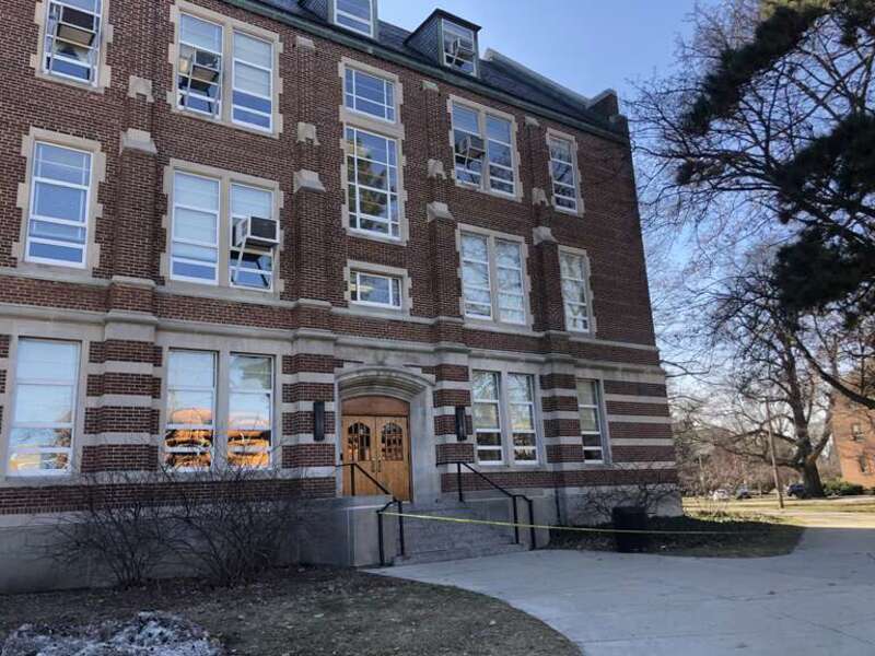 North side of the Berkey Hall with police tape in place after the previous night's shooting.