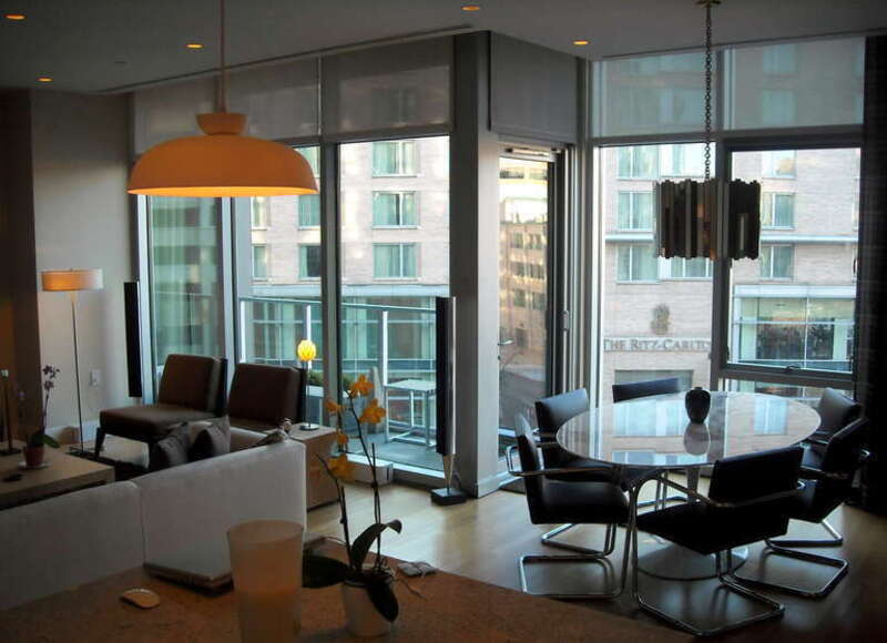 The interior of a unit in 22 West, a luxury condominium, located in the West End neighborhood of Washington, D.C.  An entrance sign to The Ritz-Carlton, Washington, D.C., is visible across the street.
The 92-unit, 11-story, condominium was built by