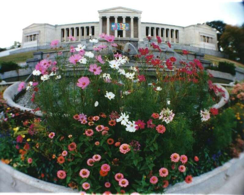 Albright-Knox Art Gallery, East face; impatients growing in the fountain garden.  The &quot;Jazz&quot; banner is for a local Jazz festival.