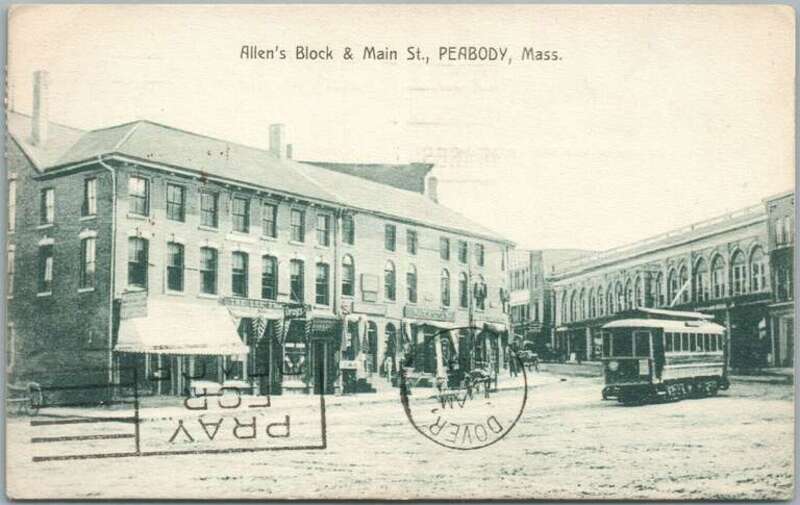 Divided back postcard of a streetcar in front of Allen's Block in Peabody Square. The card is postmarked 1964, but likely produced around 1910.