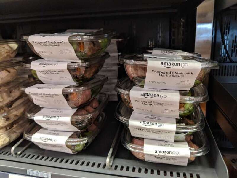 Cold entrees at Amazon Go grocery store in Seattle, Washington, USA.