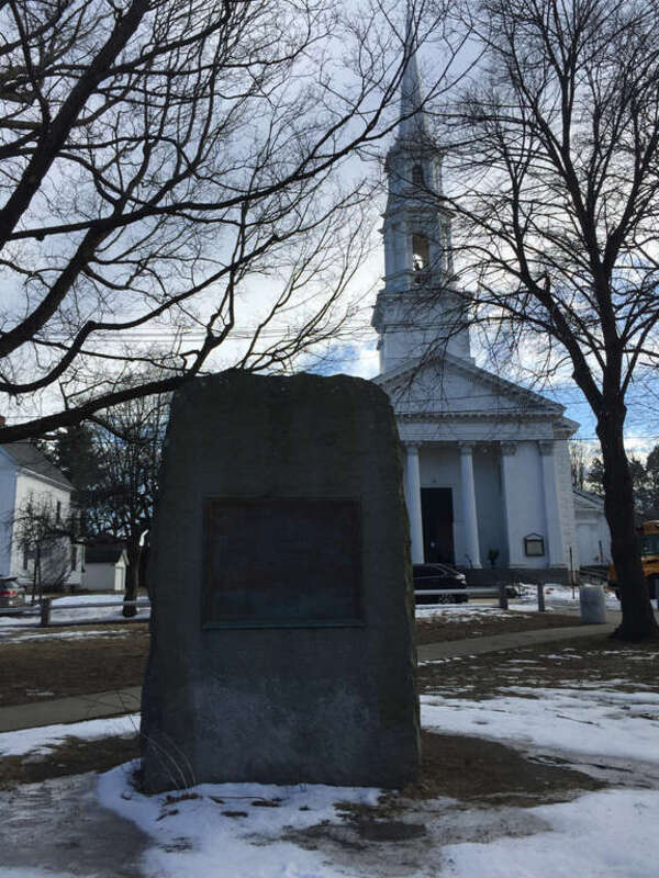 Monument commemorating the formation of the American Board of Commissioners of Foreign Missions in the Bradford Congregational Church on this site in 1810.  The monument was erected on the 100th anniversary in 1910.