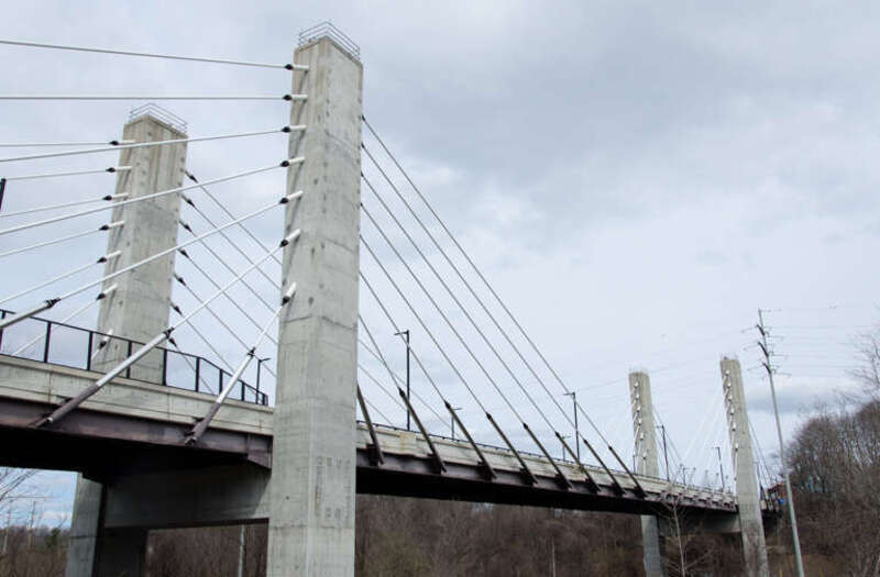 The Arthur J. DiTommaso Memorial Bridge in Fitchburg, Massachusetts, crossing the MBTA tracks.