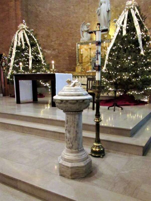 The baptismal font in the Basilica Shrine of St. Mary in Wilmington, North Carolina.