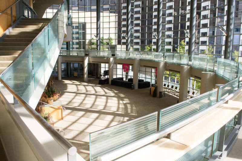 The promenade level of the Samuel and Althea Stroum Grand Lobby at Seattle's Benaroya Hall