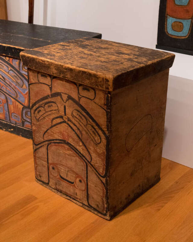Bent-corner box, Haida, ca. 1875. Red cedar, paint. Gift of John H. Hauberg, 91.1.69.