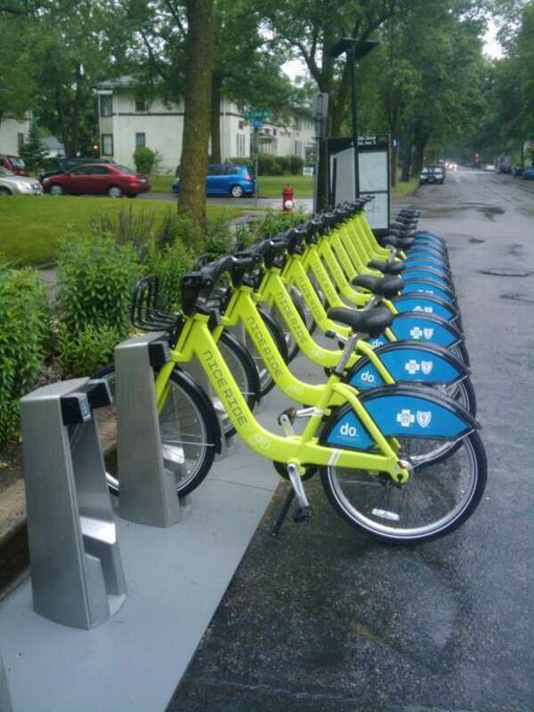Nice Ride MN bikes parked at the Birchwood Cafe (East 25th Street and 23rd Avenue South) in Minneapolis a few days before they started operations.