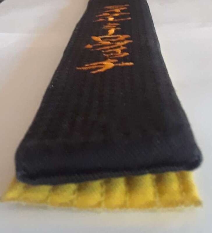 Сравнение толщины ученического/цветного (8-й кю) и мастерского/чёрного поясов и пример именной маркировки пояса (катаканой) в карате сетокан