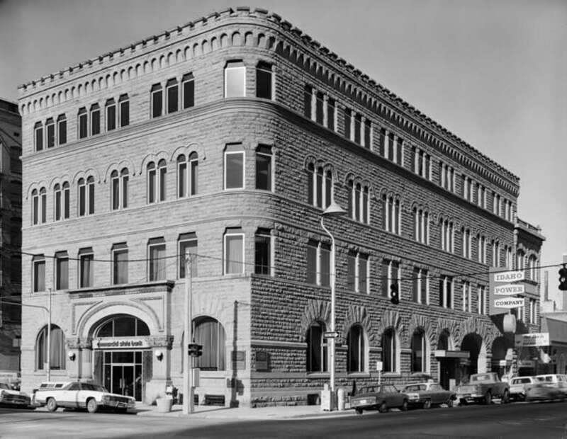 Northeastern corner of the Boise City National Bank, located at the intersection of Eighth and Idaho Streets in Boise, Idaho, United States.  Built in 1891, the bank is listed on the National Register of Historic Places.