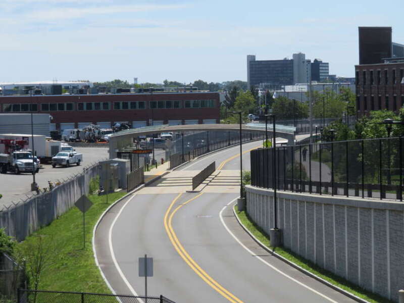 Box District station viewed from the Broadway bridge in July 2021