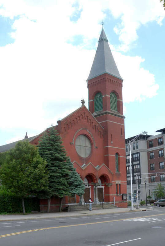 Looking northeast at the Brick Church for which a western part of en:East Orange, New Jersey was named on a mostly sunny midday.