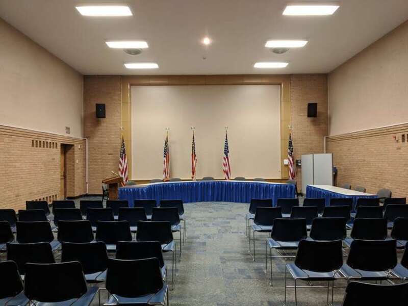Interior of the Leonard A. Boniface auditorium inside the Brighton, Monroe County, New York town hall