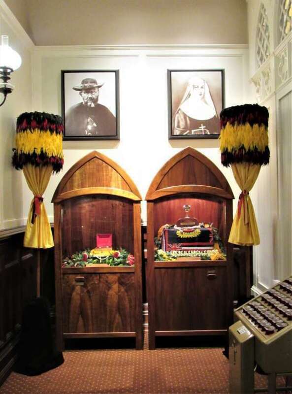 Relic of St..Damien De Veuster (left) and the mortal remains of St. Mary Ann Cope (right) in the Cathedral Basilica of Our Lady of Peace, Honolulu, Hawaii.