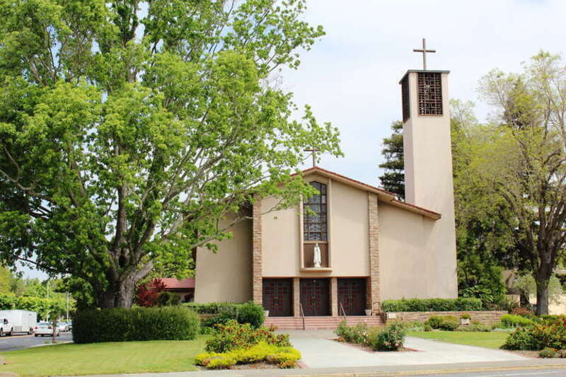 The entrance of the Cathedral of St. Eugene in Santa Rosa, CA, facing NNE