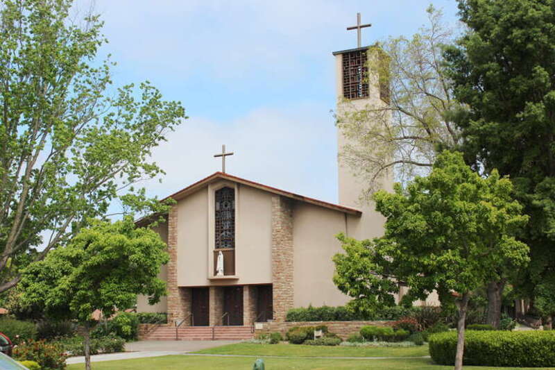 The entrance of the Cathedral of St. Eugene in Santa Rosa, CA, facing NNW