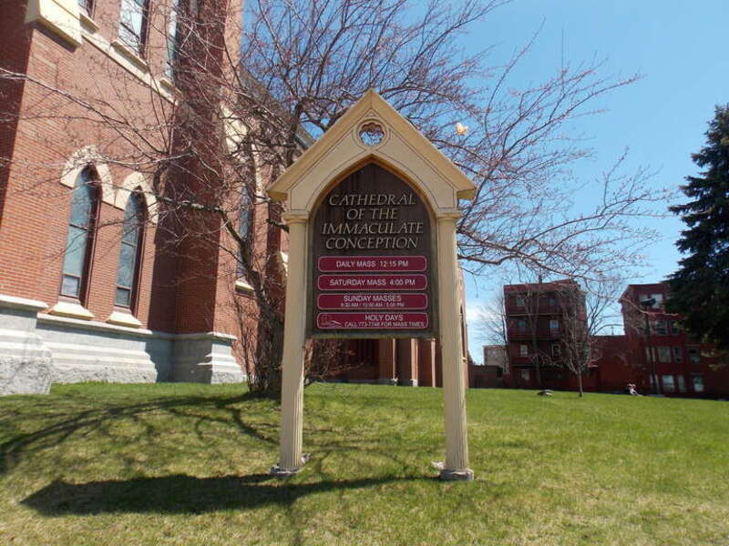 The sign at the Cathedral of the Immaculate Conception in Portland, Maine.