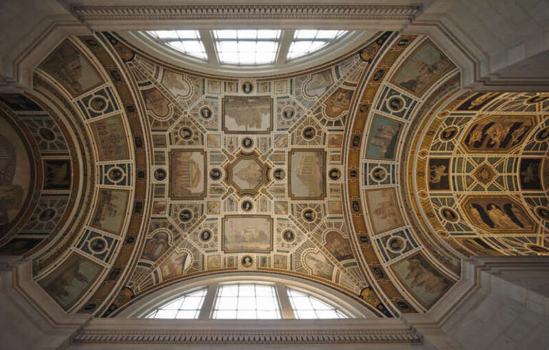 Mural on the ceiling of the atrium of the main entrance of the Carnegie Mellon College of Fine Arts. The building was built in 1916.