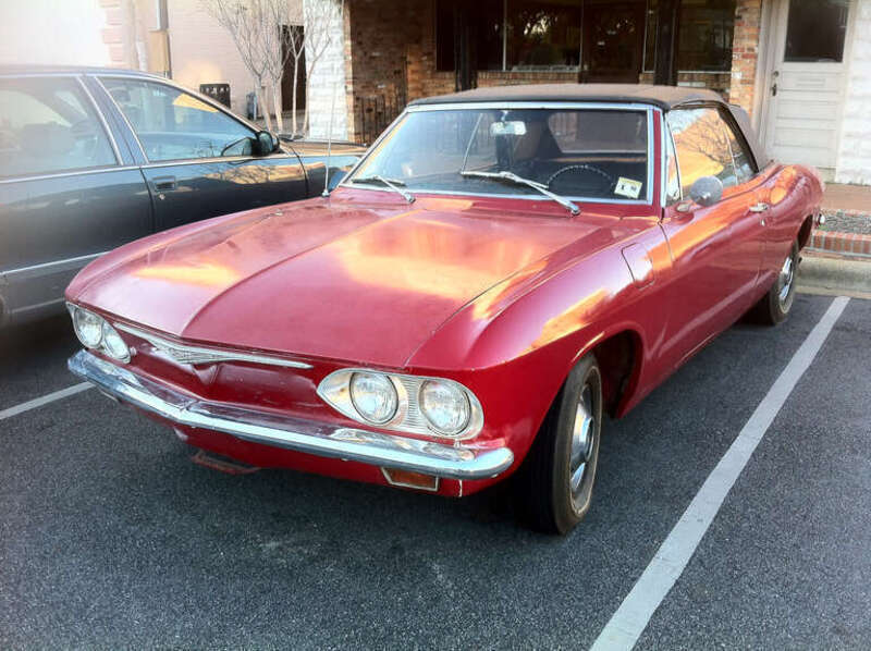 Chevrolet Corvair convertible (Z-body) finished in red. Front view. Picture taken in Lumberton, North Carolina.