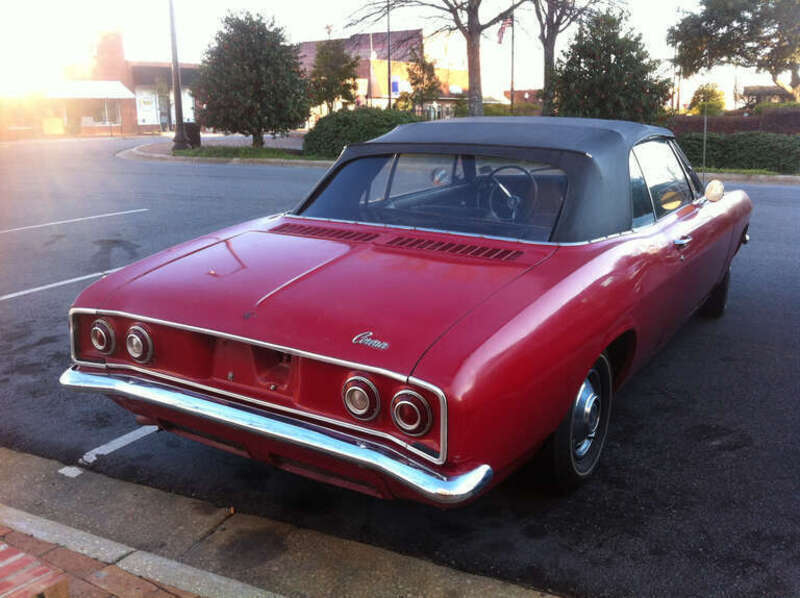 Chevrolet Corvair convertible (Z-body) finished in red. Rear view. Picture taken in Lumberton, North Carolina.