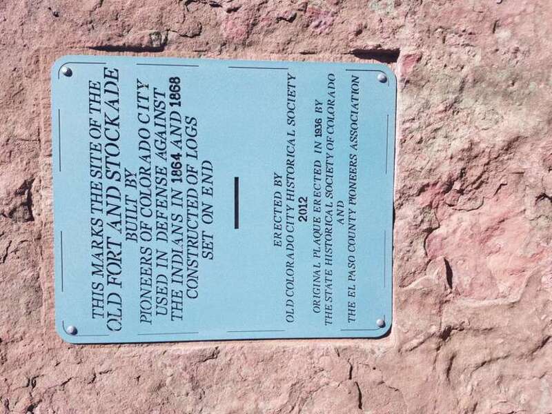 A hidden historical marker on a block in Old Colorado City...Colorado Springs, Colorado.
The Historical Marker states:
“This marks the site of the first Old Fort and Stockade built by pioneers of Colorado City used in defense against the Indians in
