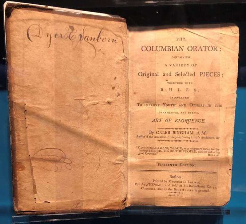 Caleb Bingham's &quot;Columbian Orator&quot;, a compilation of speeches published in Bostin in 1797, here in an 1812 edition owned by abolitionist Frederick Douglas. National Civil Rights Museum, Memphis, Tennessee.