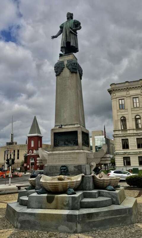 As seen in May 2021. The cooperative work of Florentine artist Renzo V. Baldi (who designed the statue and other sculptural elements) and locally-based architect Dwight James Baum (who designed the pedestal and site layout), the Columbus Monument is