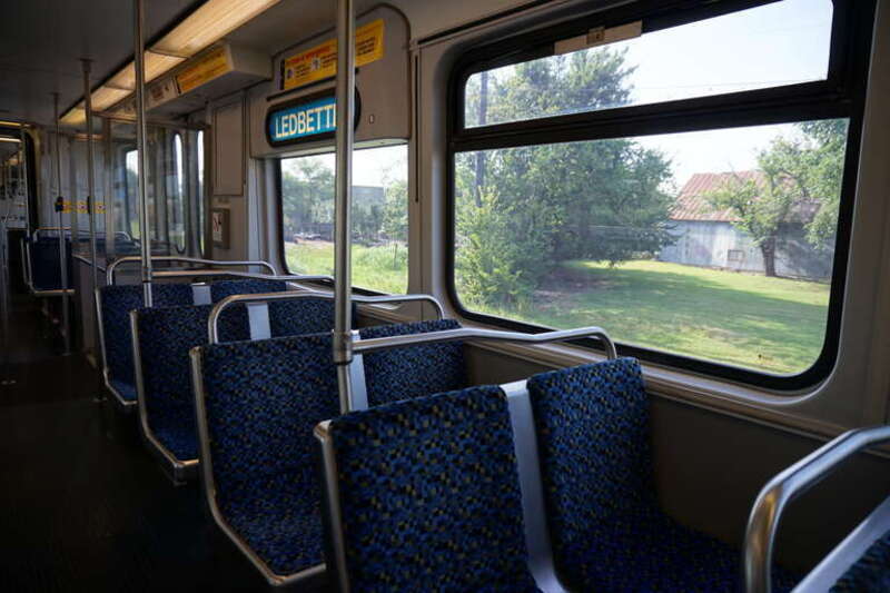 The interior of a DART Light Rail Blue Line train at Downtown Rowlett Station in Rowlett, Texas (United States).